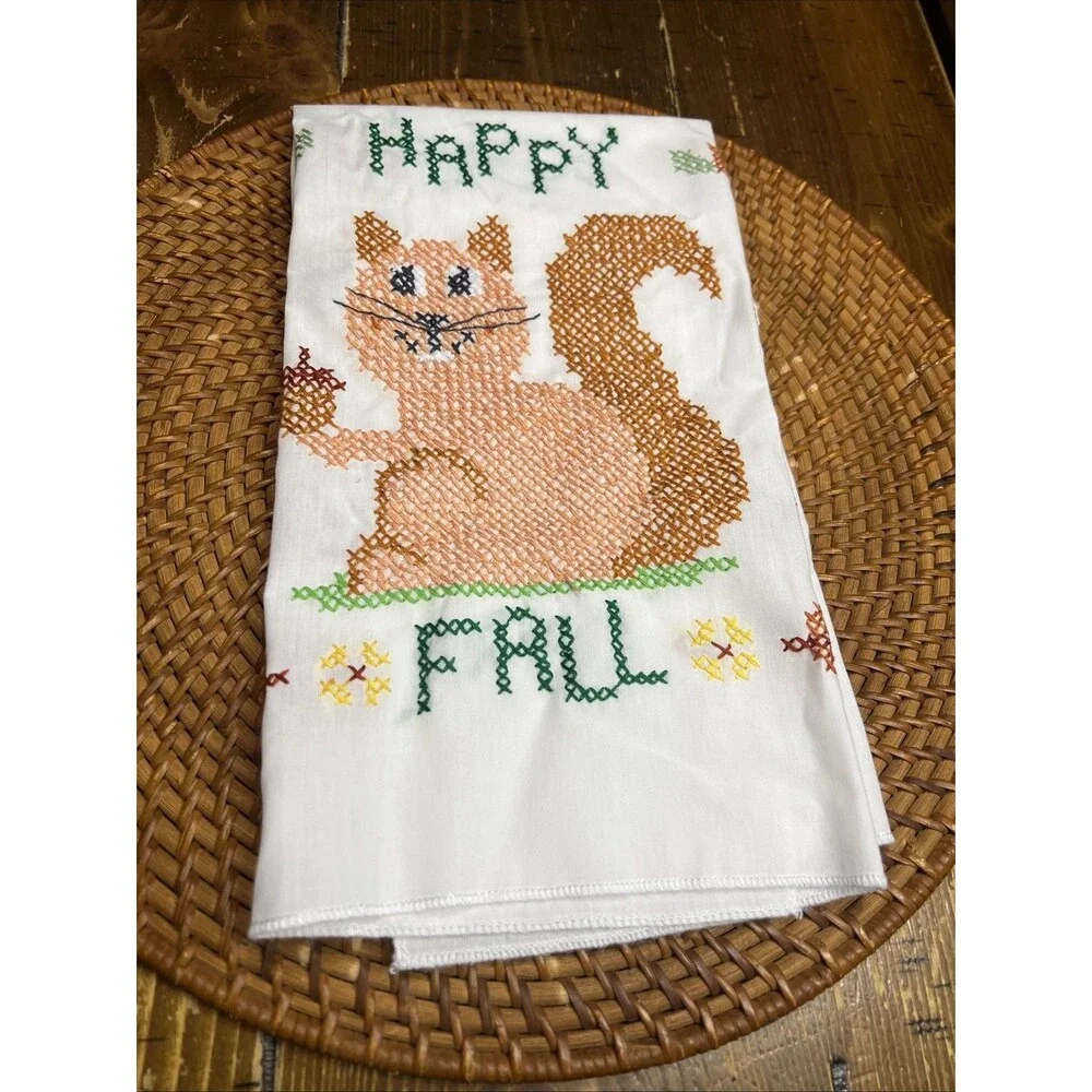 Handmade Finished Cross Stitch Towel Happy Fall Squirrel Acorns